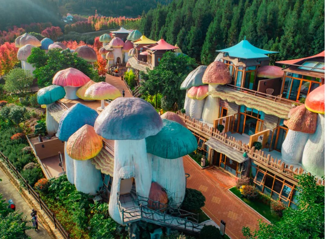 蘑菇酒店位于兴义市贵州醇景区内,占地180余亩,外观以野生蘑菇形态为